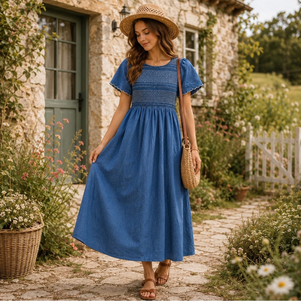 Böhme Blue Smocked Puff Sleeve Maxi Dress Cottagecore Prairie Boho Medium